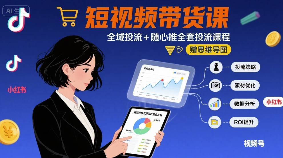 最新短视频带货课，全域投流+随心推全套投流课程+思维导图-创富院