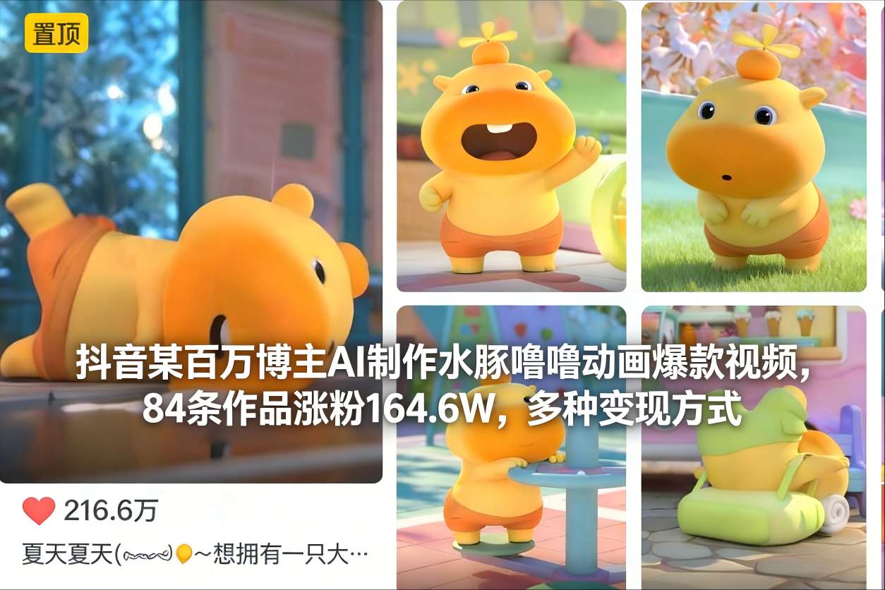 抖音某百万博主AI制作水豚噜噜动画爆款视频，84条作品涨粉164.6W，多种变现方式-创富院