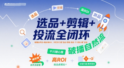 选品+剪辑+投流全闭环，破播自然流+撬动高ROI，手把手打通“选品-剪辑-测品-千川随心推”全链-创富院