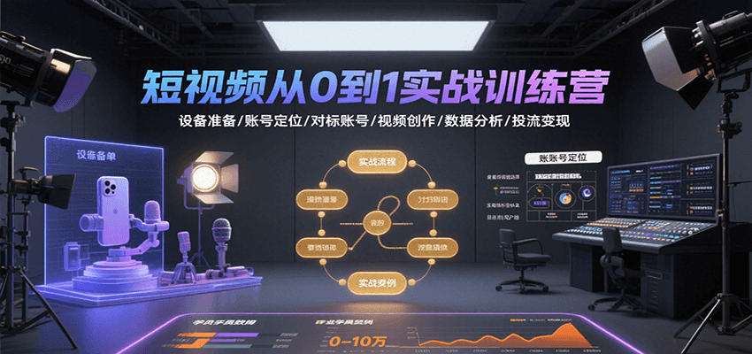 短视频从0到1实战训练营:设备准备/账号定位/对标账号/视频创作/数据分析/投流变现-创富院
