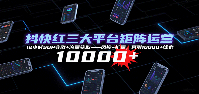 抖快红三大平台矩阵运营，12小时SOP实战+流量获取-风控-扩量，月引10000+线索-创富院