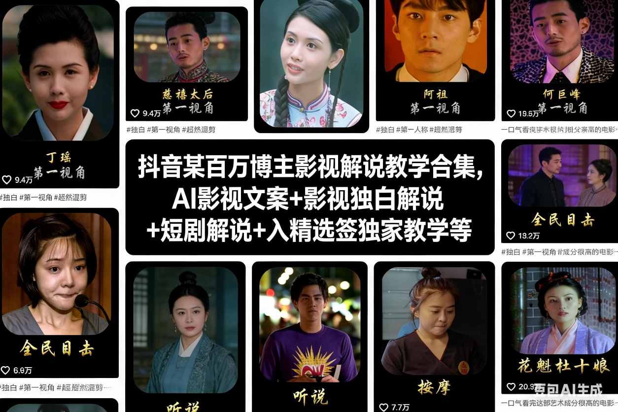 抖音某百万博主影视解说教学合集，AI影视文案+影视独白解说+短剧解说+入精选签独家教学等-创富院