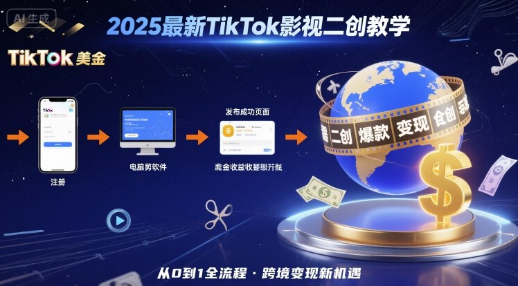 2025年最新TikTok影视二创教学，从注册到发布撸美金全流程，跨境变现新机遇-创富院