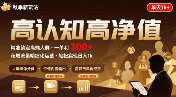 秋季私域新玩法：主打的高认知高净值人群，一单3张单天1k轻轻松松-创富院