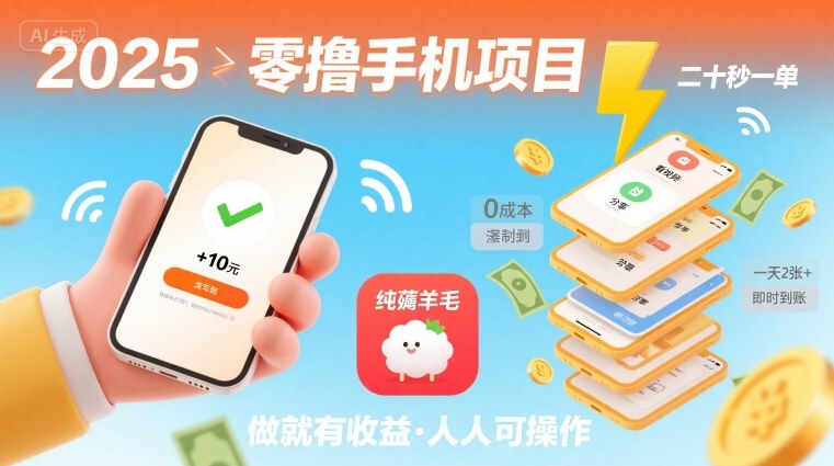 2025年零撸手机项目，二十秒一单，纯薅羊毛 一天2张+做就有-创富院