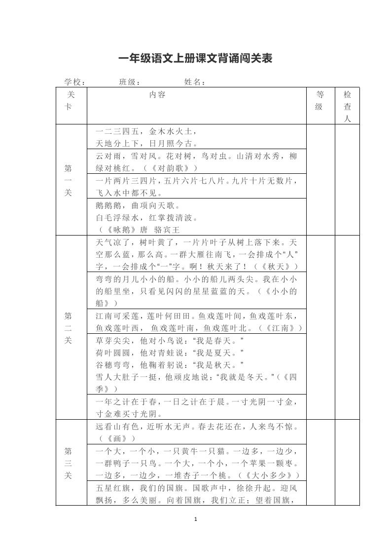 一年级上册语文背诵课文内容及闯关表-创富院