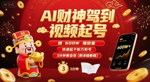 AI财神驾到视频起号，爆600W播放量，快速起千粉万粉号，3分钟教会你(附详细教程)-创富院