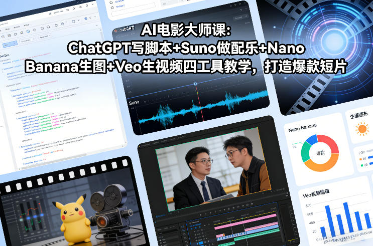 【精】AI电影大师课:ChatGPT写脚本+Suno做配乐+Nano Banana生图+Veo生视频,打造爆款短片-学必富副业创客网