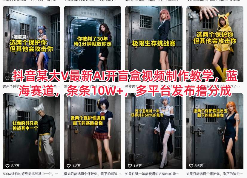 抖音某大V最新AI开盲盒视频制作教学,蓝海赛道,条条10W+,多平台发布撸分成-创富院