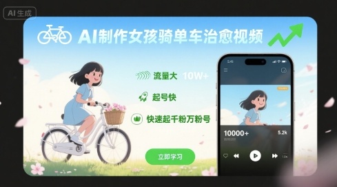 AI制作女孩骑单车治愈视频，流量大，起号快，快速起千粉万粉号-创富院