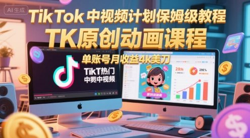 TikTok中视频计划保姆级教程，TK原创动画课程，单账号月收益4k美刀-影创院