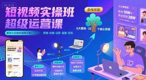 短视频实操班超级运营课，新手小白到短视频大神必修课程，剪辑-拍摄-运营-直播-变现-创富院
