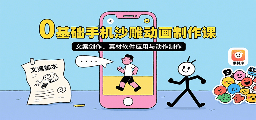 0基础手机沙雕动画制作课，文案创作、素材软件应用与动作制作-创富院