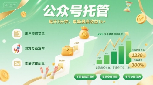 【公众号托管 】我提供文章，你发布，每天5分钟，单篇最高收益1k+【揭秘】-创富院