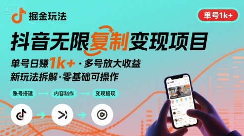 抖音掘金新玩法 单号1k+可以无限复制的项目-创富院