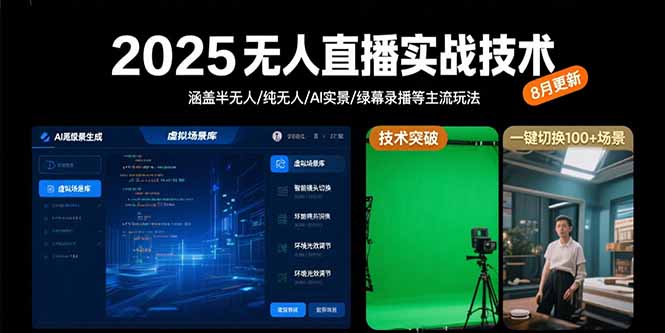2025无人直播实战技术-8月，涵盖半无人/纯无人/AI实景/绿幕录播等主流玩法-创富院